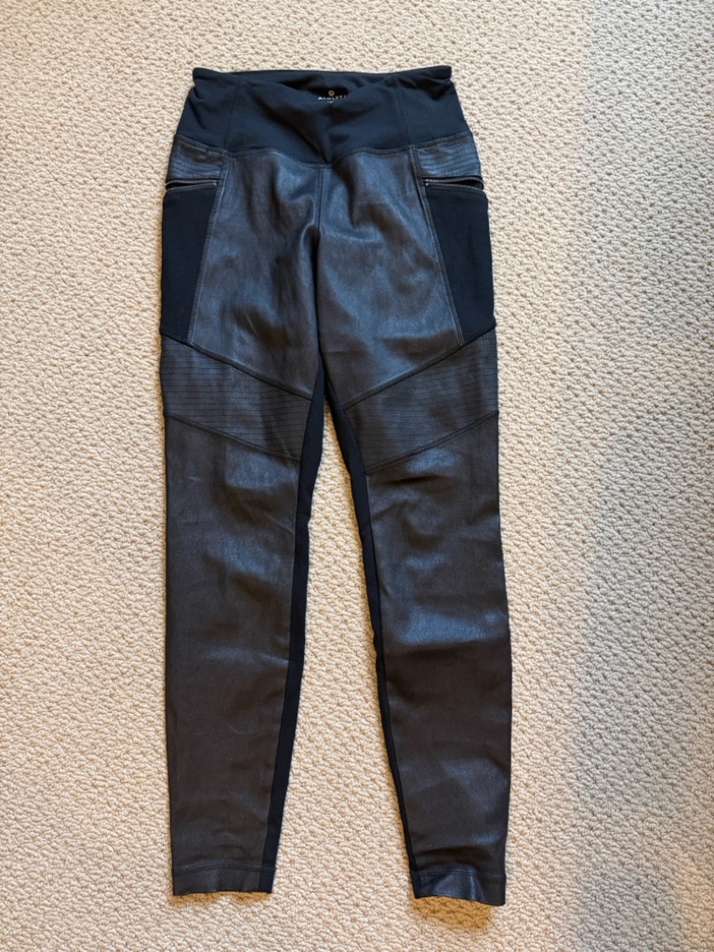Athleta Black Faux-Leather Moto Leggings size s leather like new biker
